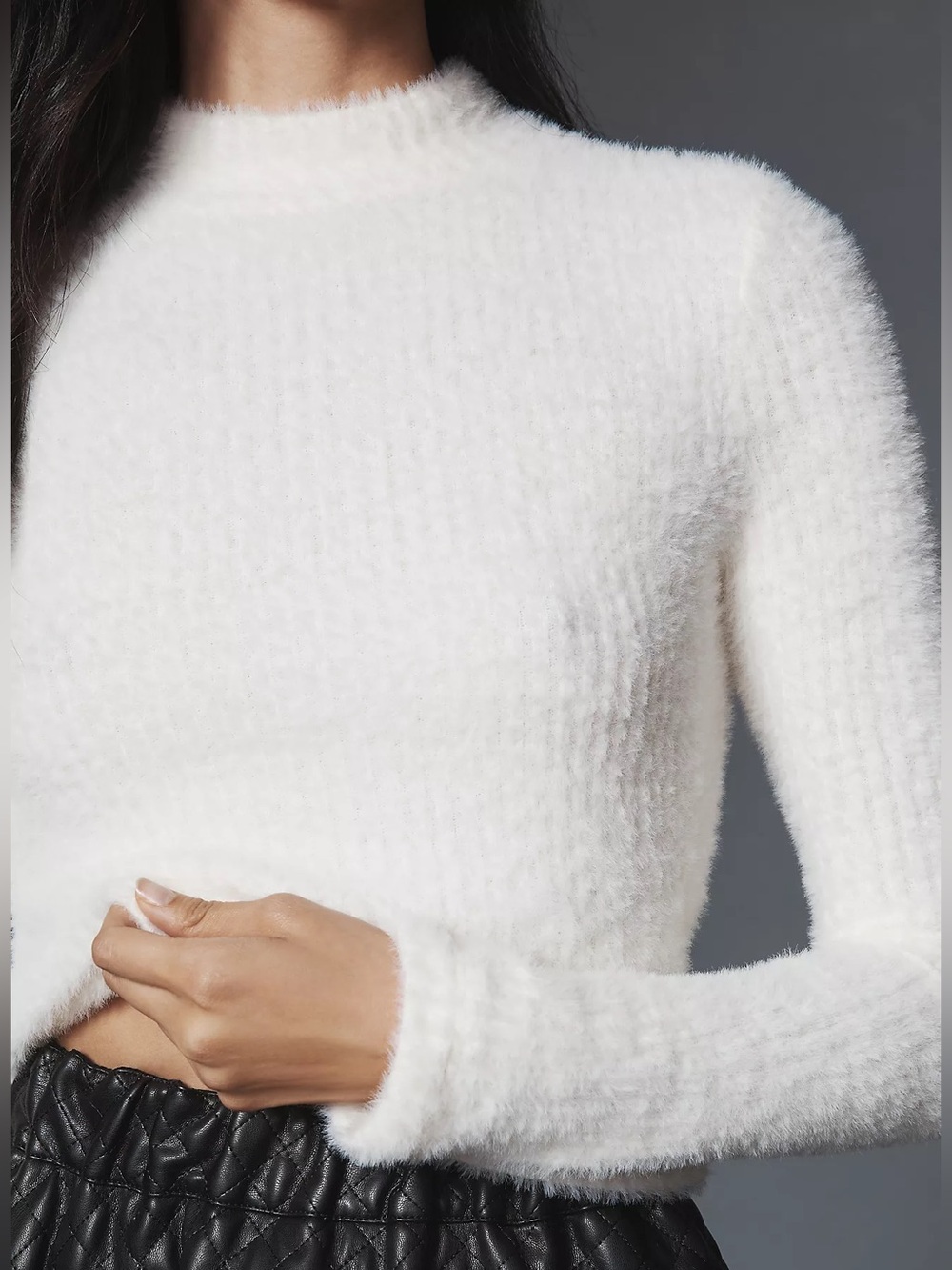 By Anthropologie Mock-Neck Fuzzy Long Sleeve White Sweater Top